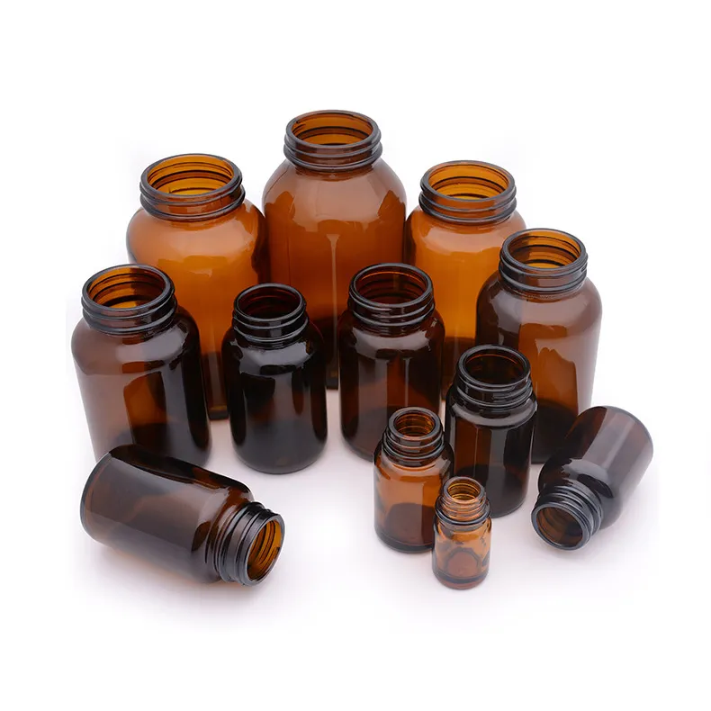 Amber color wide-mouth glass bottles