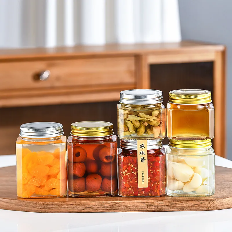 500ml Clear square octagonal glass Chili sauce and jam jar with lid